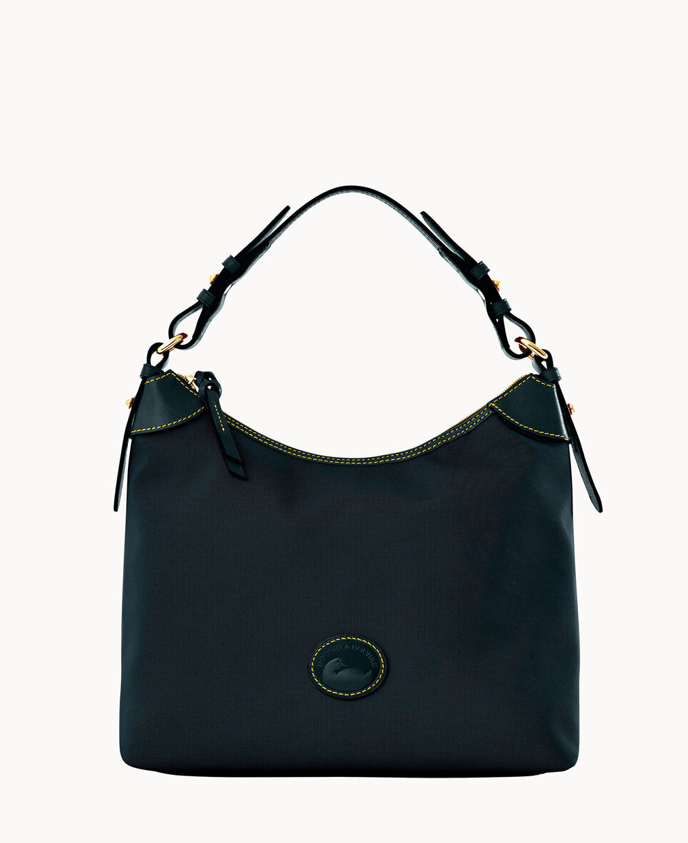 A dark green hobo-style handbag with a single shoulder strap, gold-tone hardware, yellow stitching, and a round stitched logo patch on the front.