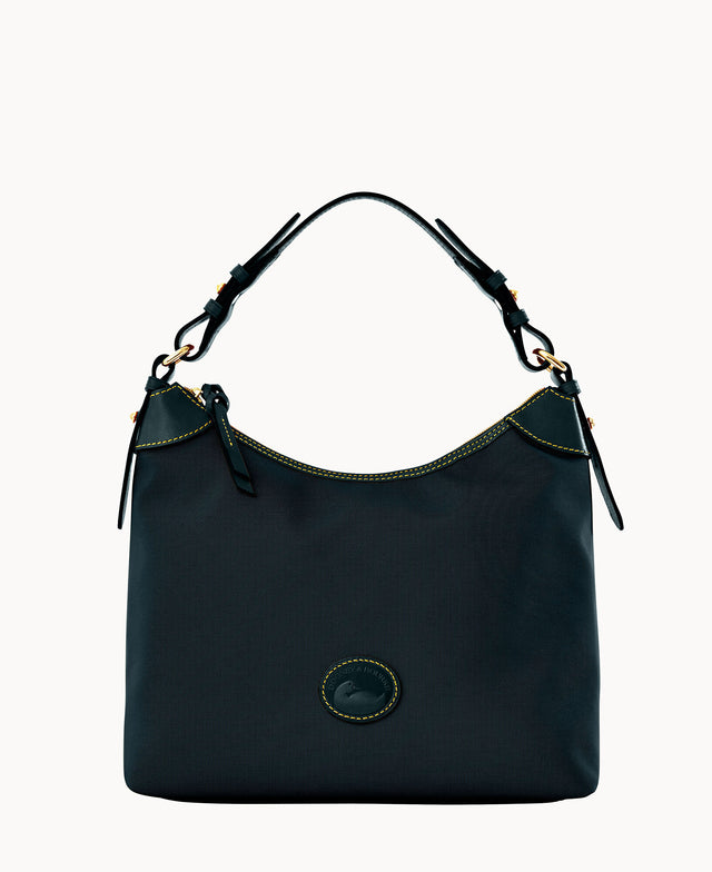 A dark green hobo-style handbag with a single shoulder strap, gold-tone hardware, yellow stitching, and a round stitched logo patch on the front.