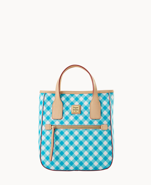 A small tote bag with tan handles and trim, featuring a blue and white gingham pattern and a front zip pocket.