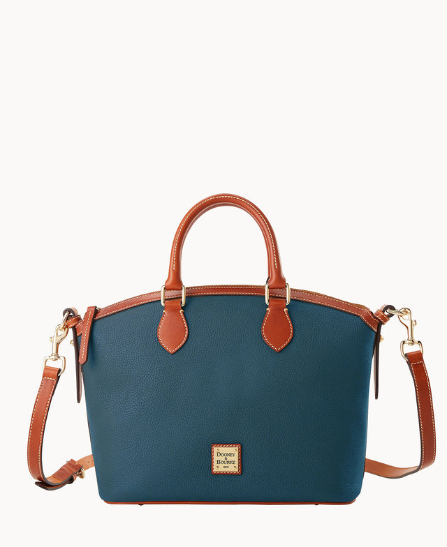 A structured blue leather handbag with brown leather trim, top handles, a detachable shoulder strap, and gold-tone hardware. The front features a small rectangular Dooney & Bourke logo plaque.