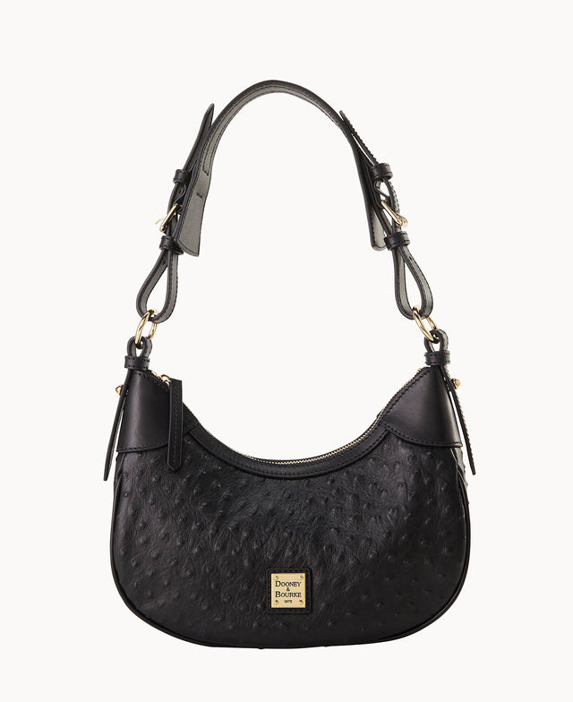 A black leather handbag with a textured surface, adjustable shoulder strap, gold-tone hardware, and a small gold logo plaque on the front reading “Dooney & Bourke.â€.