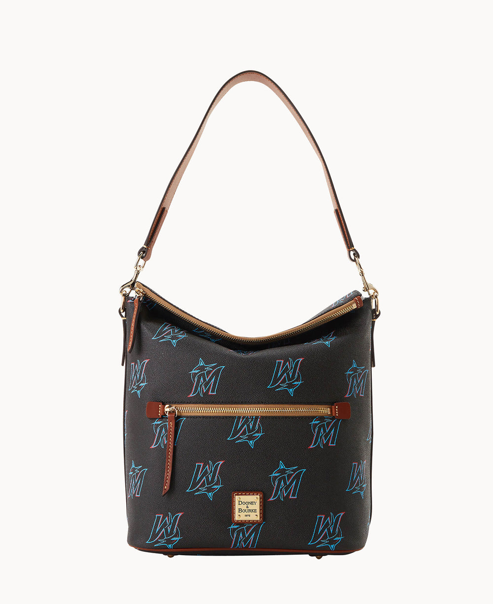 A black Dooney & Bourke hobo bag featuring a Miami Marlins logo pattern, a front zip pocket with a leather pull, tan handles and trim, and a gold Dooney & Bourke logo plate at the bottom.