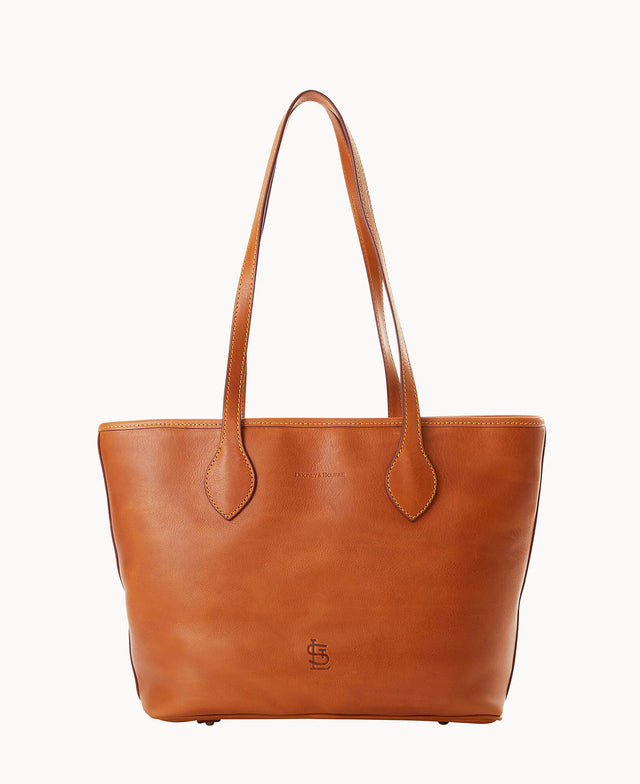A tan leather tote bag with dual shoulder straps, minimal stitching, and a small embossed logo near the bottom center. The bag has a simple, elegant design and a structured shape.