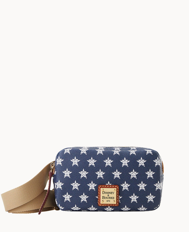 A navy blue Dooney & Bourke crossbody bag with a tan adjustable strap, adorned with a repeating white H star pattern and a brown leather logo patch on the front.