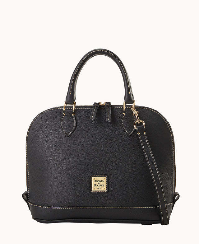 A black leather Dooney & Bourke handbag with gold hardware, two top handles, a detachable shoulder strap, and a gold square logo plate on the front. The bag features white stitching along the edges.