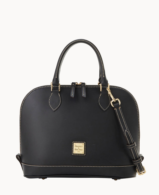 A black leather handbag with double top handles, gold hardware, a detachable shoulder strap, contrast stitching, and a square gold Dooney & Bourke logo plate on the front.