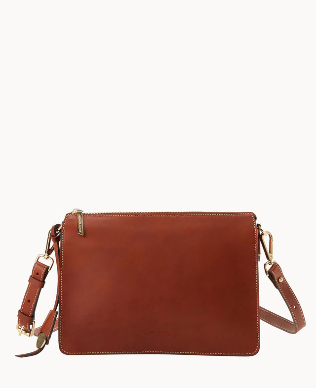 A brown leather crossbody bag with gold hardware, an adjustable strap, and visible stitching along the edges, displayed against a plain white background.