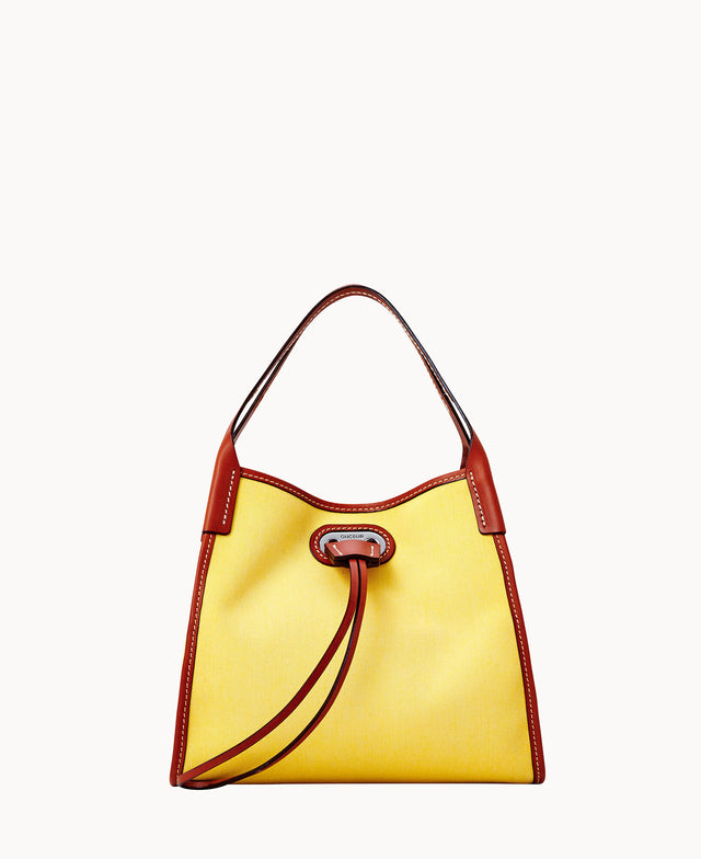 A yellow handbag with brown leather trim features a top handle, a decorative metal eyelet, and a leather drawstring detail on the front, set against a plain white background.