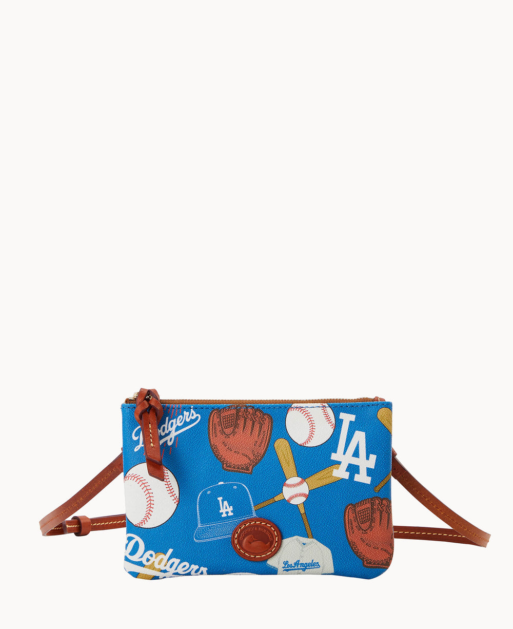 A small blue crossbody bag with brown strap, decorated with Los Angeles Dodgers logos, baseball gloves, bats, and balls.