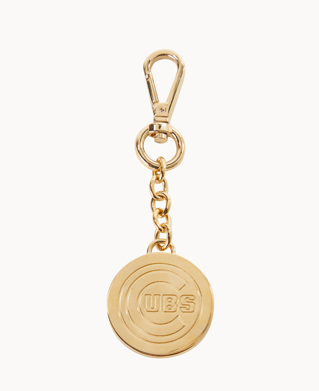 Gold keychain with a round pendant engraved with the Chicago Cubs logo, attached to a short chain and a lobster clasp. The background is plain white.