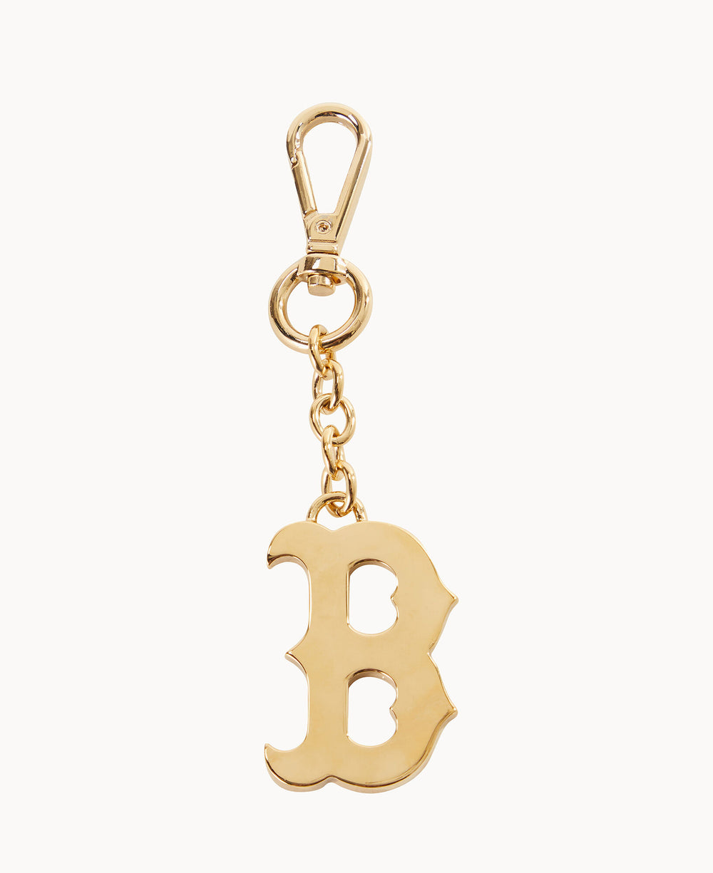 A gold keychain with a lobster clasp and a dangling charm shaped like the letter B in a decorative, serif font.