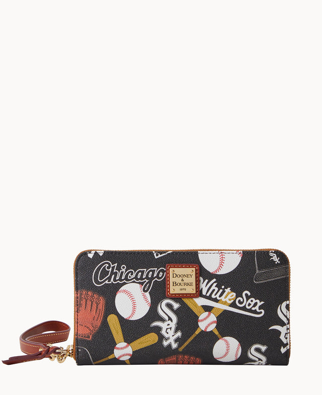 A zippered wallet with a wrist strap, decorated with Chicago White Sox logos, baseballs, bats, gloves, and the words Chicago White Sox in white lettering.