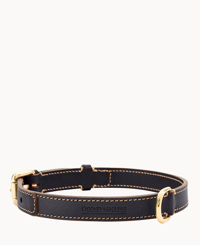 A dark leather Dooney & Bourke dog collar with gold-tone metal buckle and hardware, featuring light stitching along the edges and embossed brand logo on the front.
