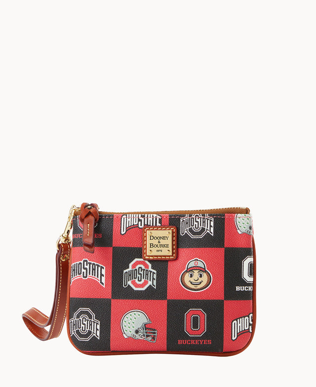 Rectangular wristlet featuring a red and black checkered pattern with Ohio State logos, Brutus Buckeye mascot, football helmets, and a tan leather strap and trim.
