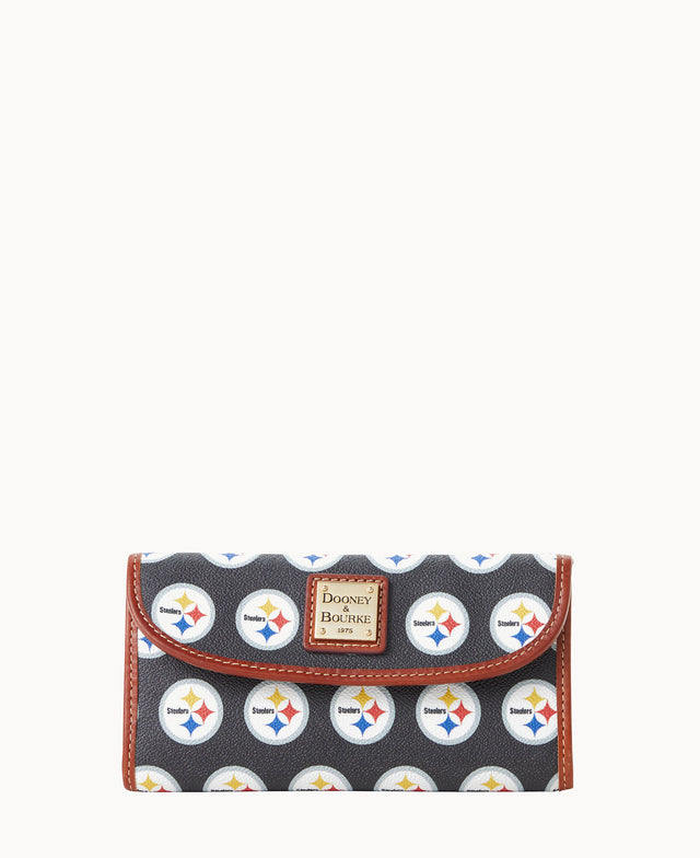 A black Dooney & Bourke wallet featuring a repeating Pittsburgh Steelers logo pattern and brown trim, with a gold logo plate on the front.