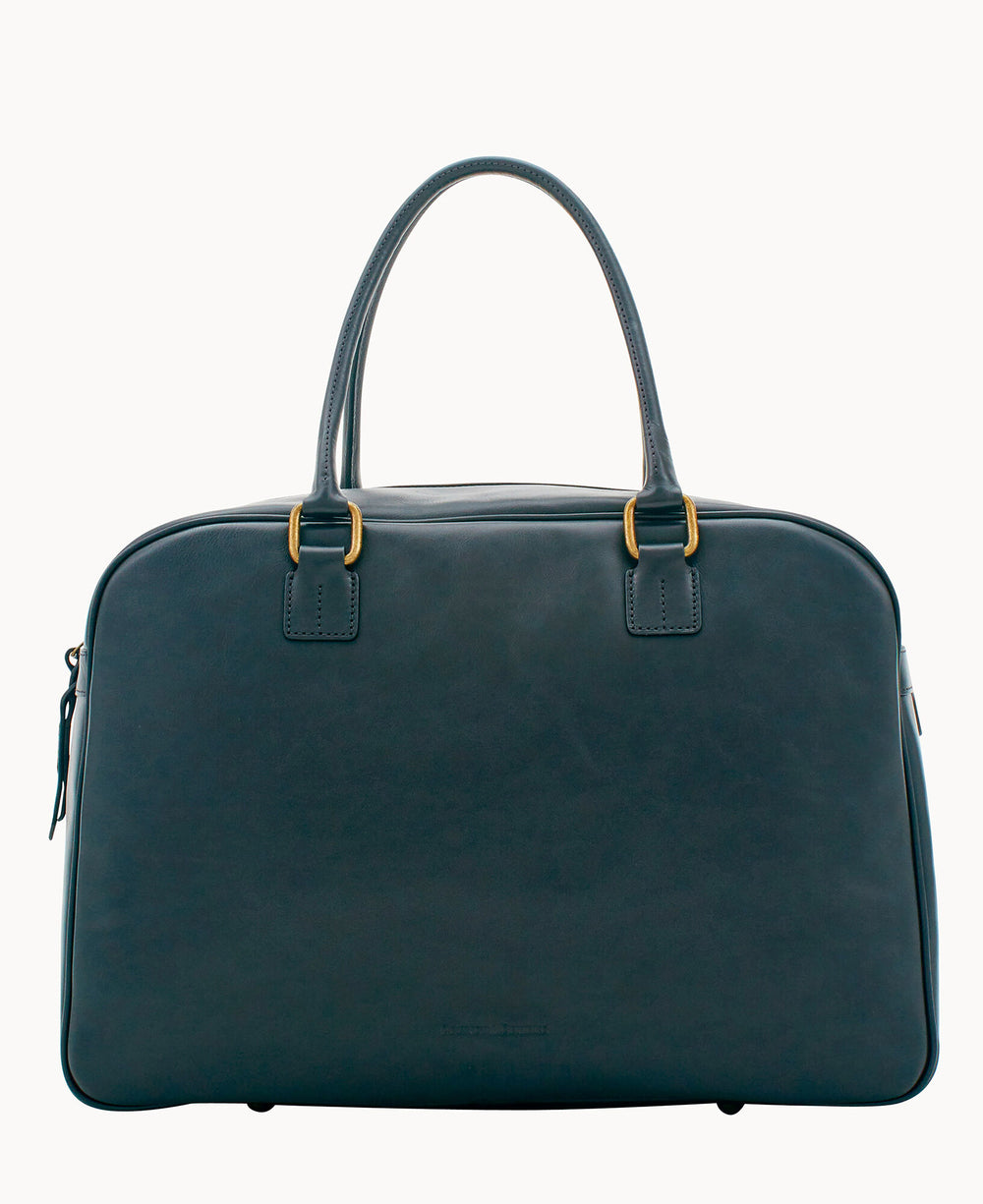 A dark blue leather handbag with two sturdy handles and gold hardware, displayed against a plain white background.