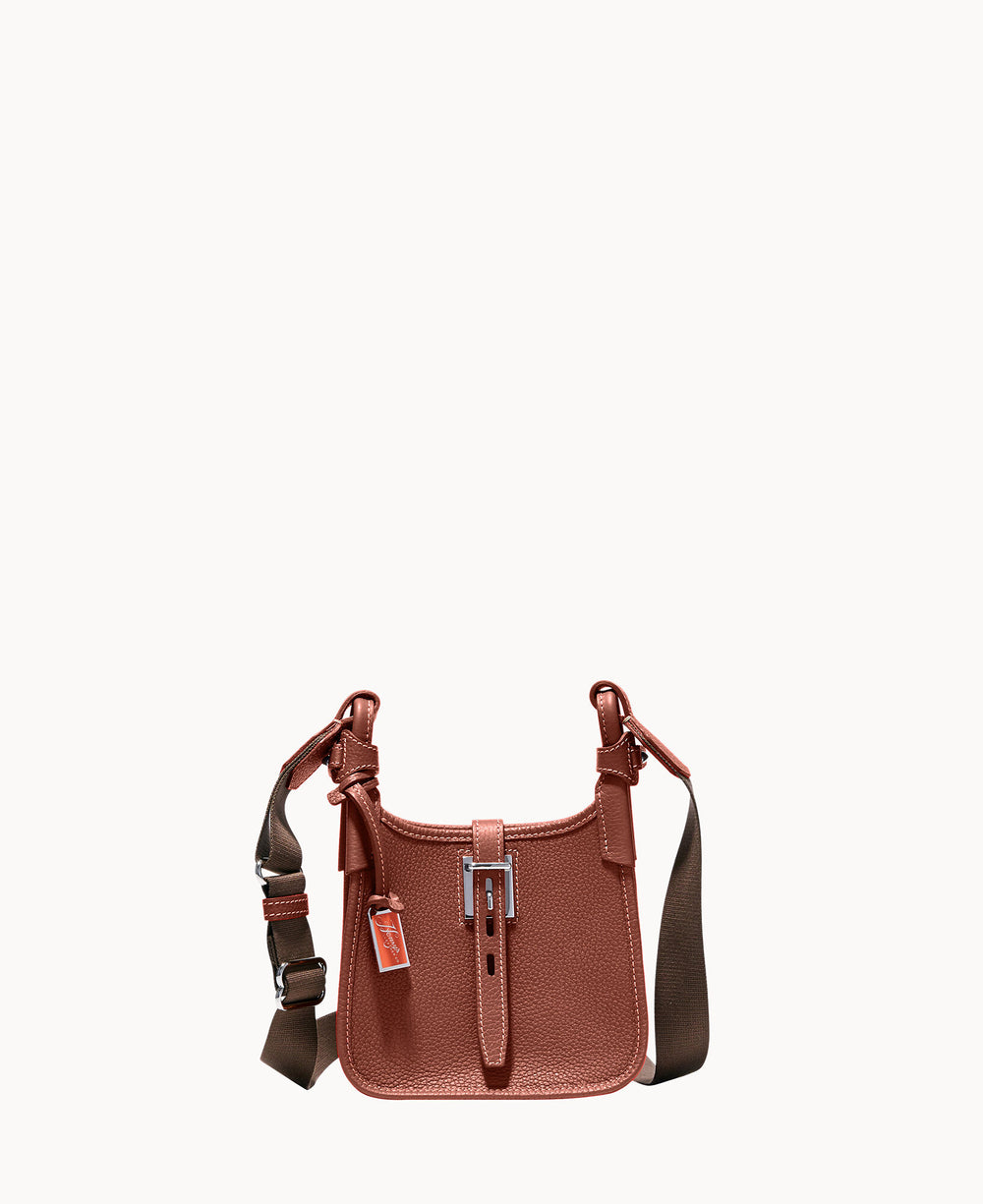 A small, textured brown leather crossbody bag with a front buckle, brown adjustable strap, and a leather tag, displayed against a plain white background.