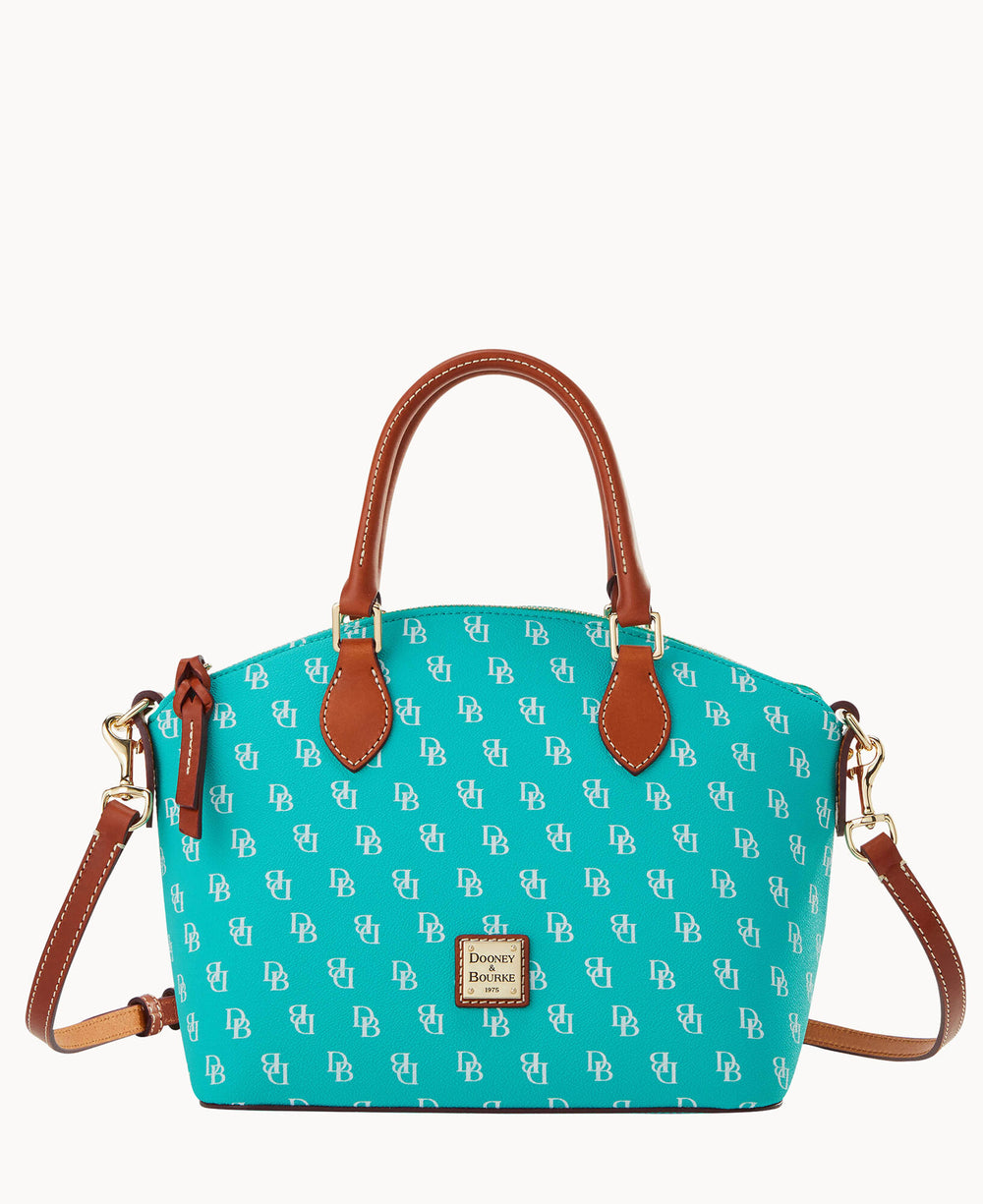 A teal Dooney & Bourke handbag with brown leather handles and detachable shoulder strap, decorated with a white DB monogram pattern and gold-tone hardware.