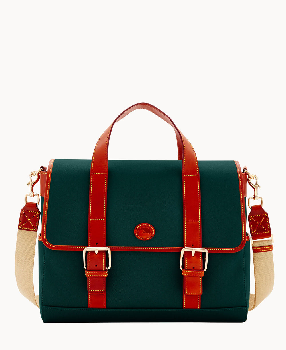 A dark green satchel bag with brown leather straps, gold buckles, and a beige adjustable shoulder strap. The bag has a top handle and a small oval logo on the front flap.