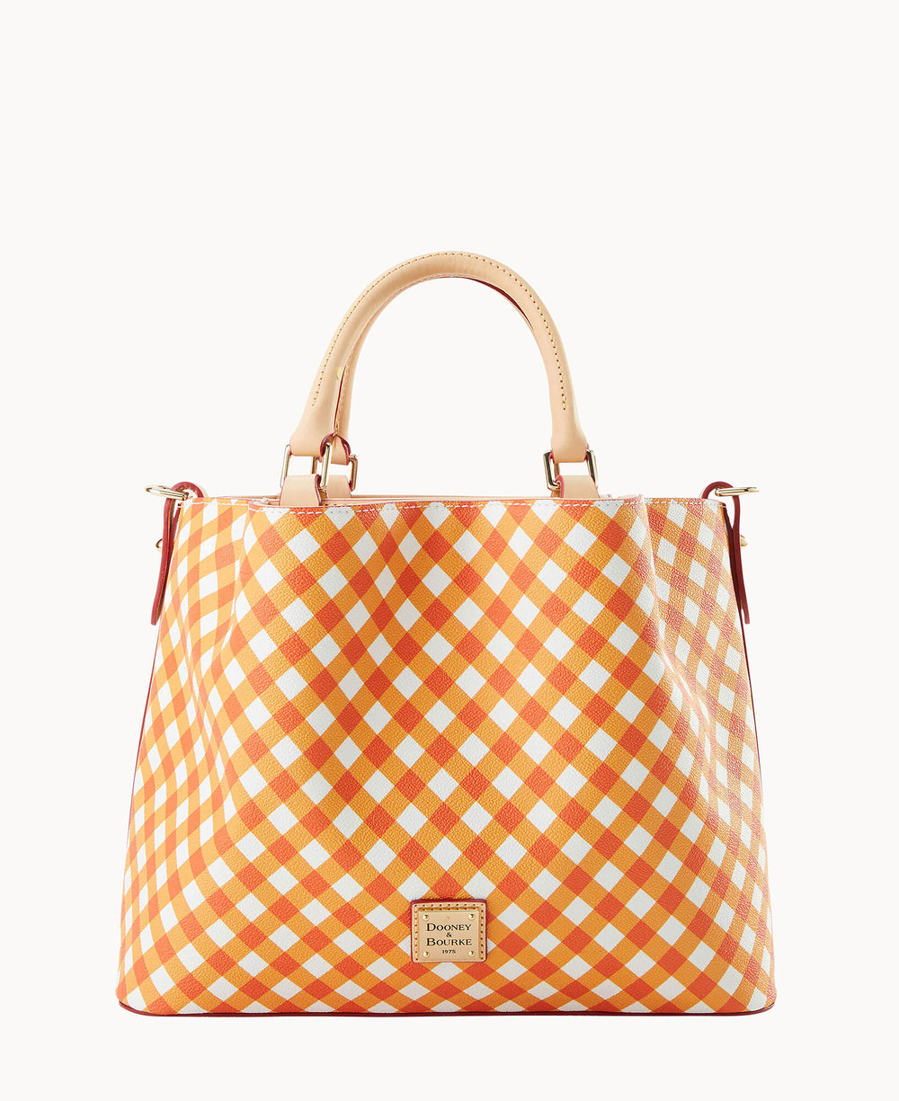 A structured handbag with beige leather handles and an orange, yellow, and white gingham check pattern. The bag features a small gold logo plate on the front.