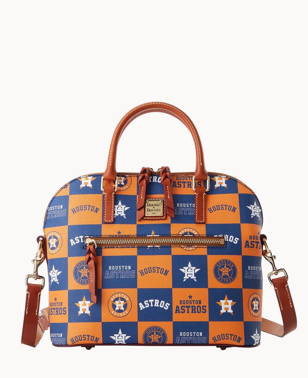 A dome-shaped handbag with brown leather handles and strap, featuring a blue and orange checkered pattern with various Houston Astros logos and text.
