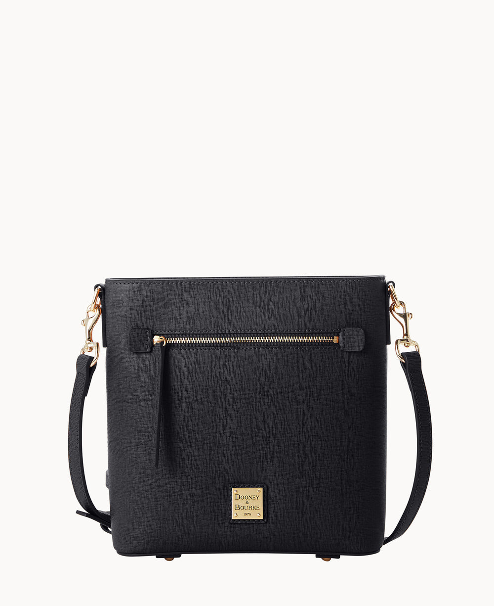 A black leather crossbody bag with a front zipper pocket, gold hardware, and an adjustable strap. The bag features a small square gold logo plate at the bottom center.