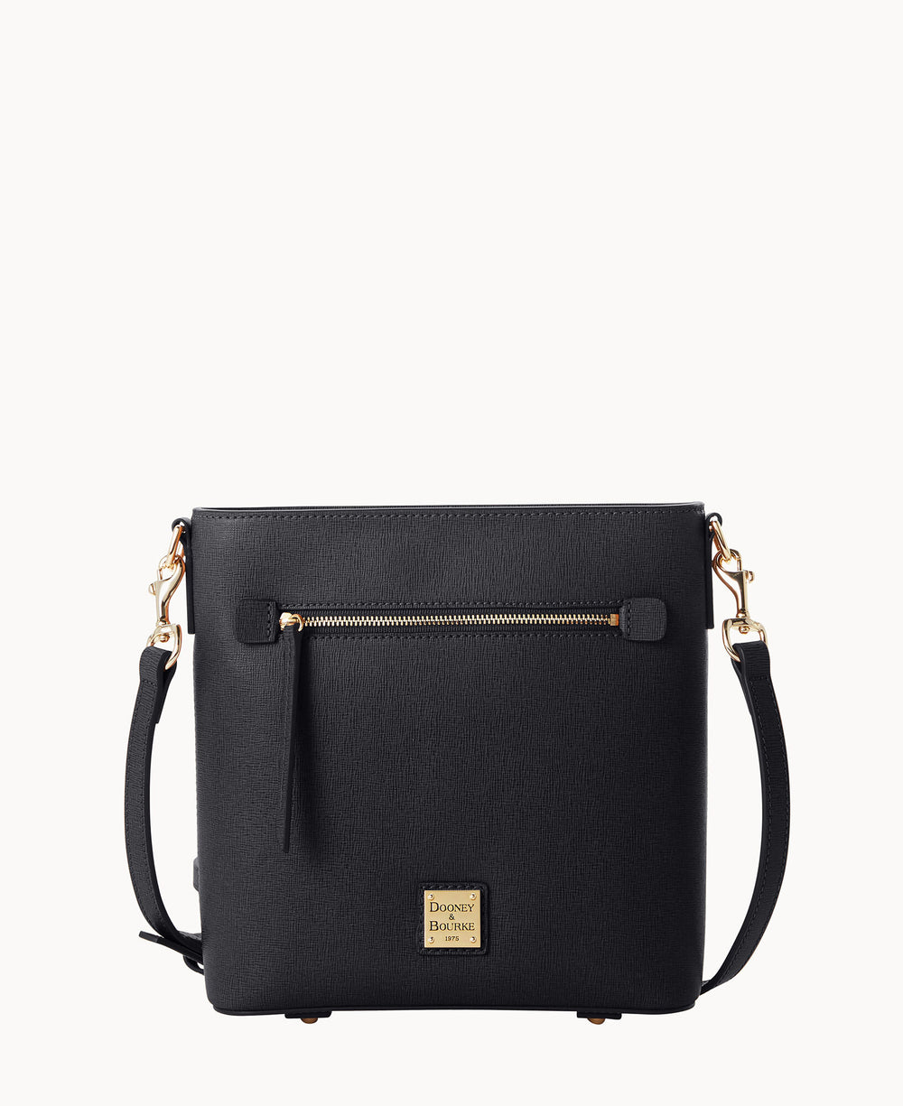 A black leather crossbody bag with a front zipper pocket, gold hardware, and an adjustable strap. The bag features a small square gold logo plate at the bottom center.