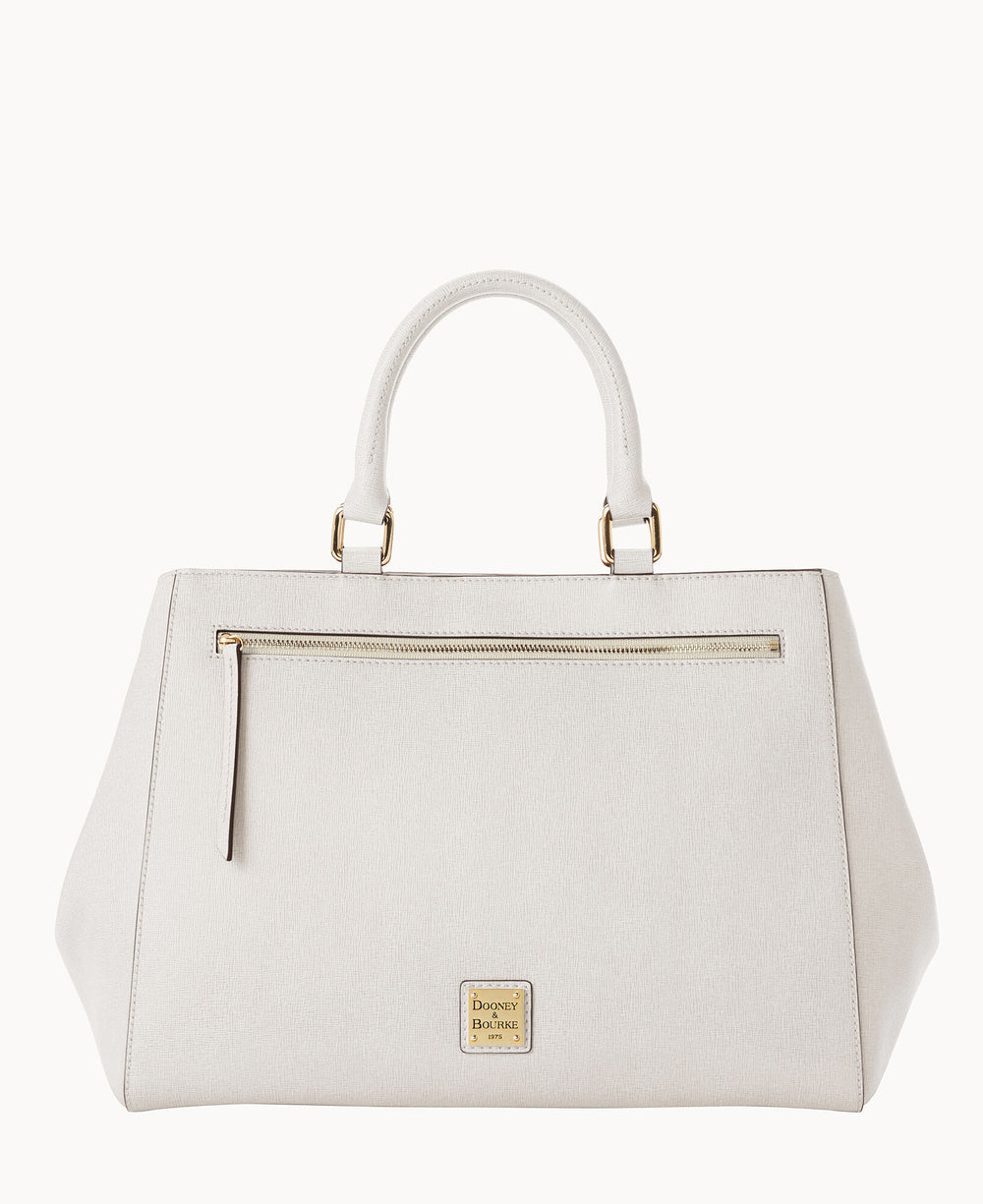 A structured white handbag with two handles, a front zippered pocket, and a gold square logo plaque at the bottom center. The background is plain white.