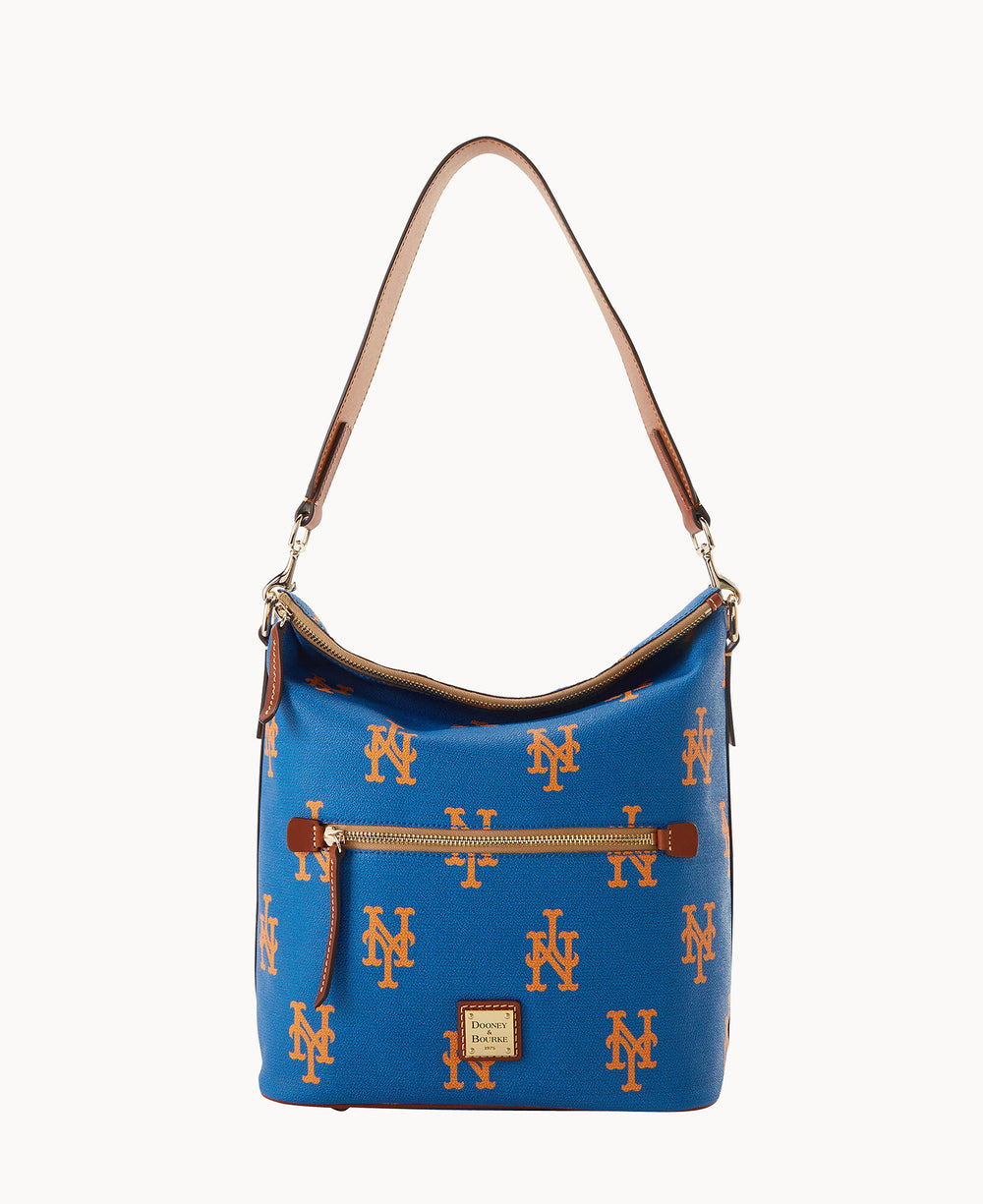 A blue handbag with brown accents, featuring an all-over orange New York Mets NY logo pattern, a front zipper pocket, and a brown shoulder strap.