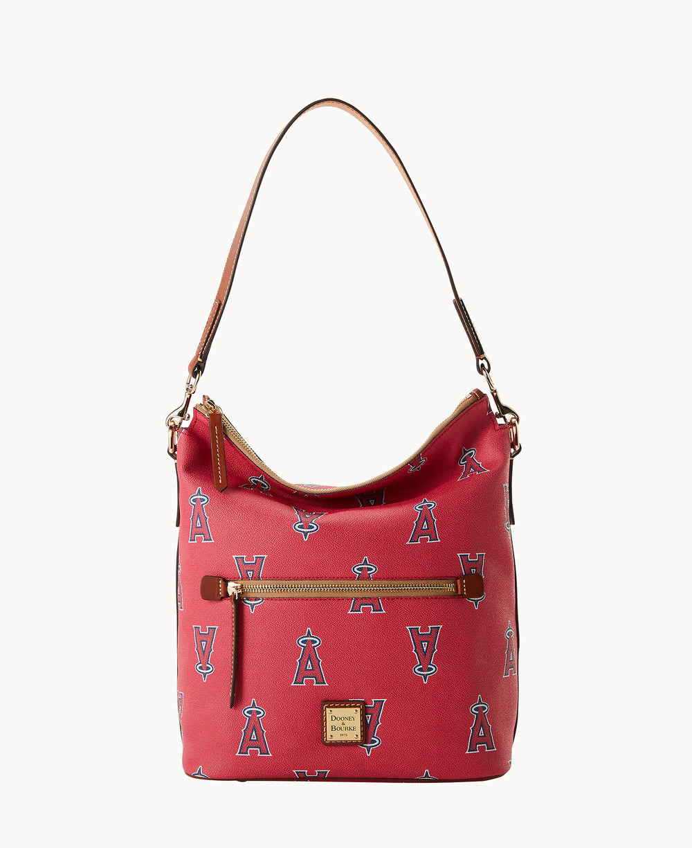 A red Dooney & Bourke shoulder bag with a gold zipper and tan strap, featuring an all-over print of the Los Angeles Angels A logo in red, white, and blue.