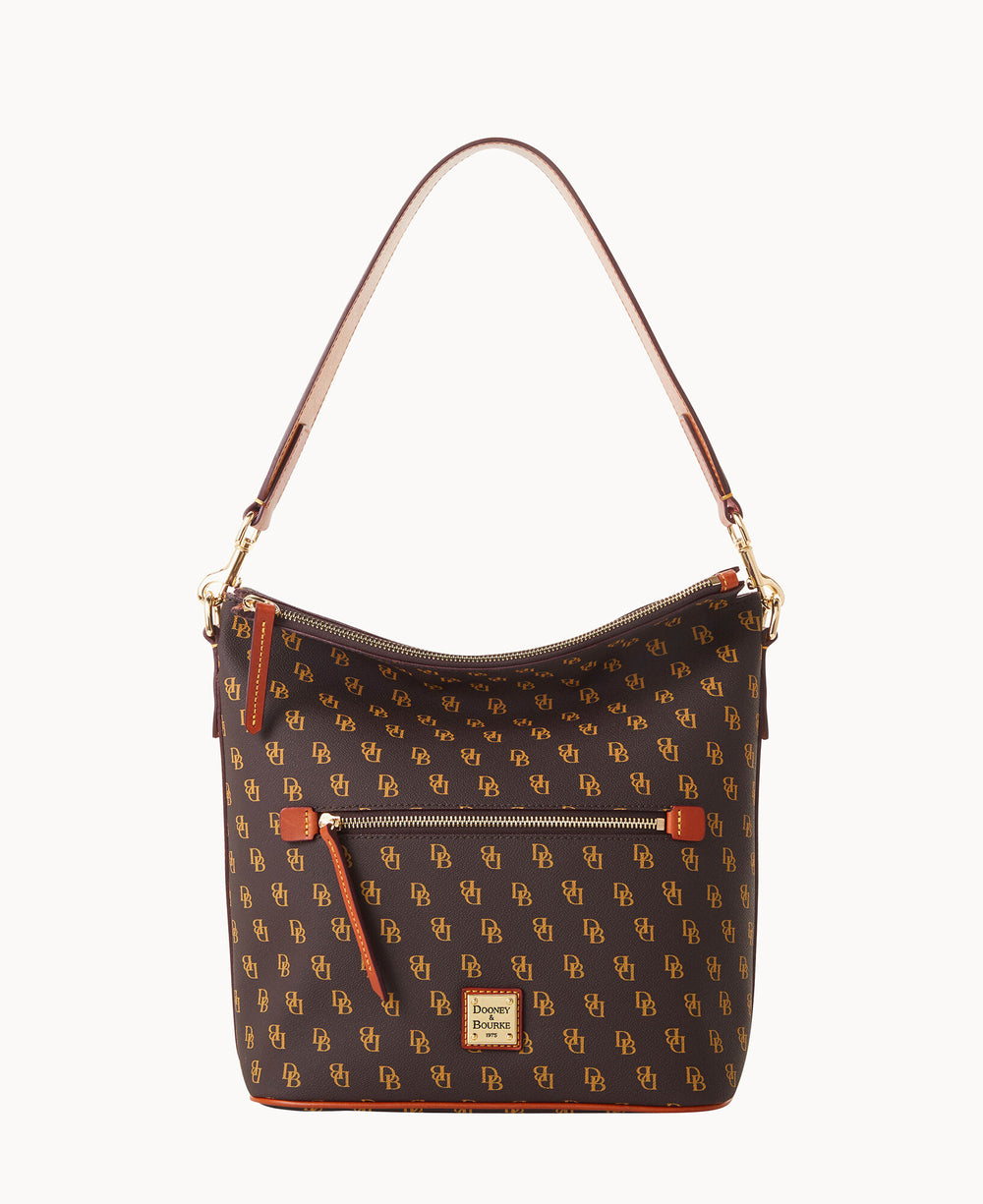 A brown designer handbag with a single shoulder strap, gold-tone hardware, and a front zip pocket. The bag features a repeating logo pattern and a small square logo patch near the bottom.
