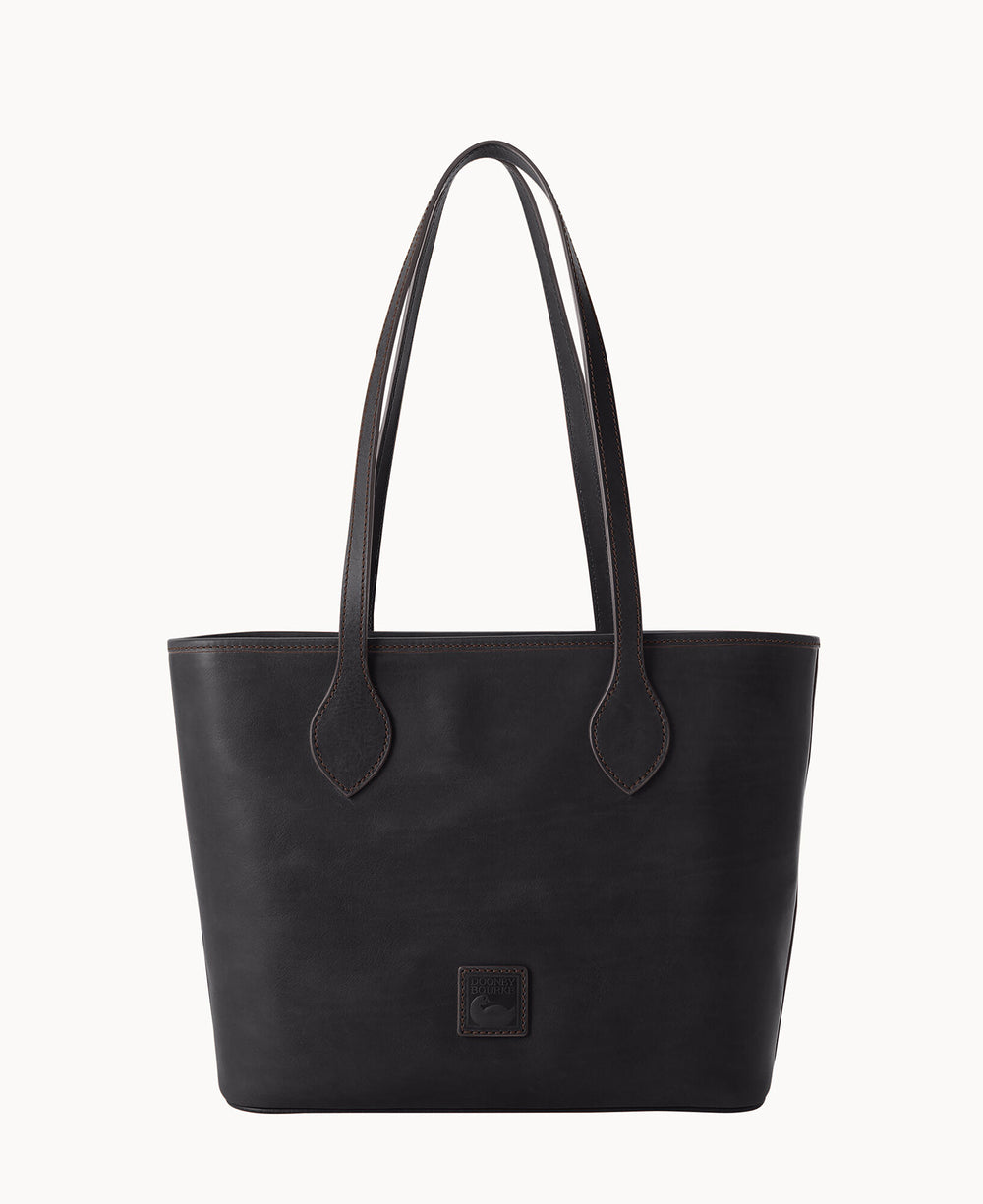 Large black leather tote with brown stitching details, structured handles, and Dooney & Bourke logo