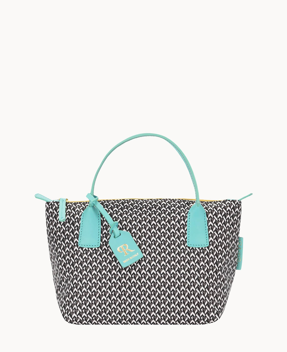A small handbag with a black and white patterned body and light blue handles, zipper, and accents, including a matching blue tag with gold lettering.