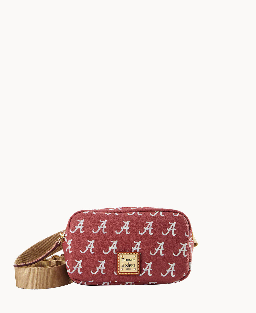 Small rectangular maroon bag with repeating white â€œAâ€ logos, a beige adjustable shoulder strap, and a gold Dooney & Bourke label on the front. The design represents the University of Alabama.