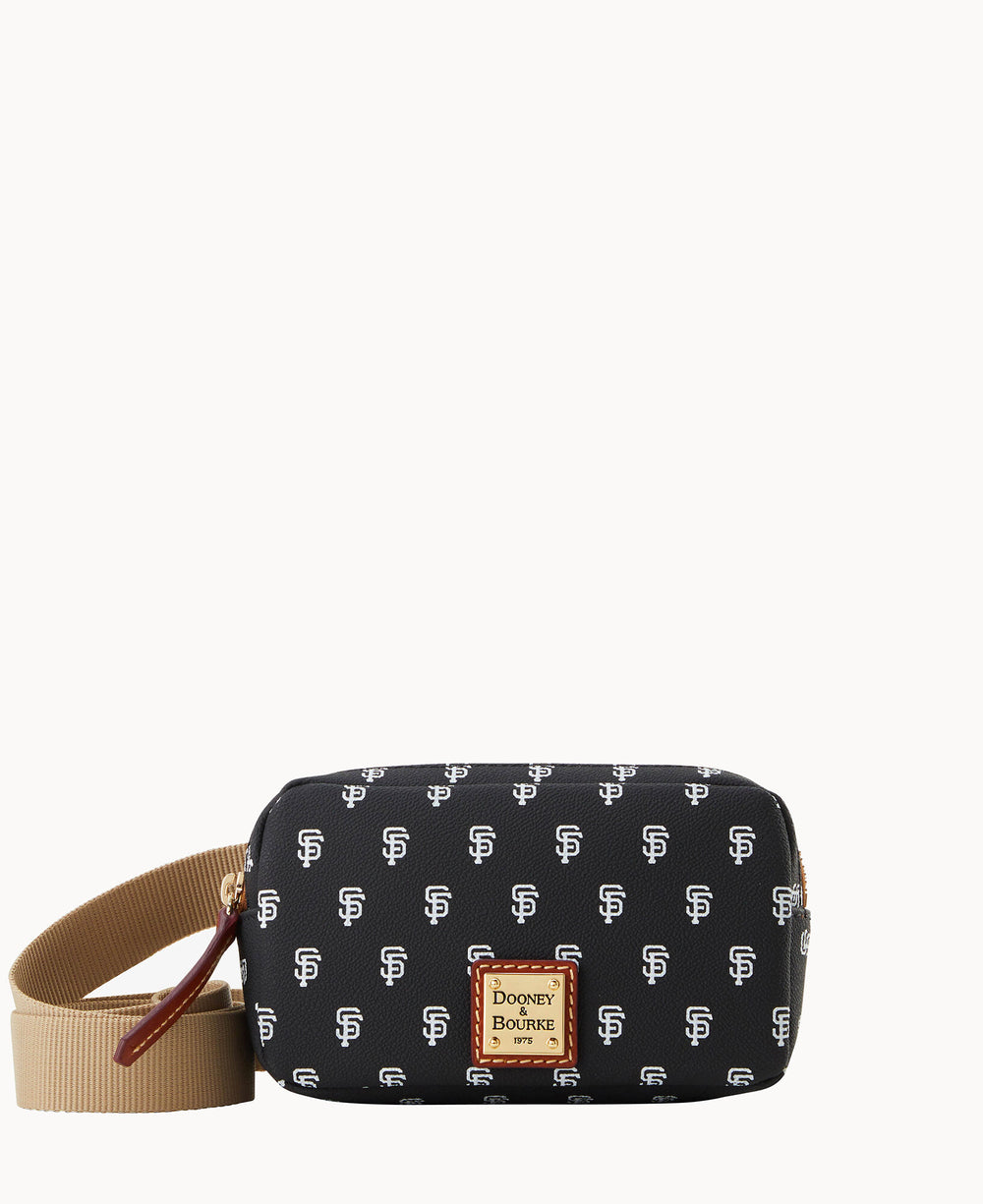 A small black crossbody bag with a beige strap, featuring a repeating white SF pattern and a Dooney & Bourke logo patch on the front.