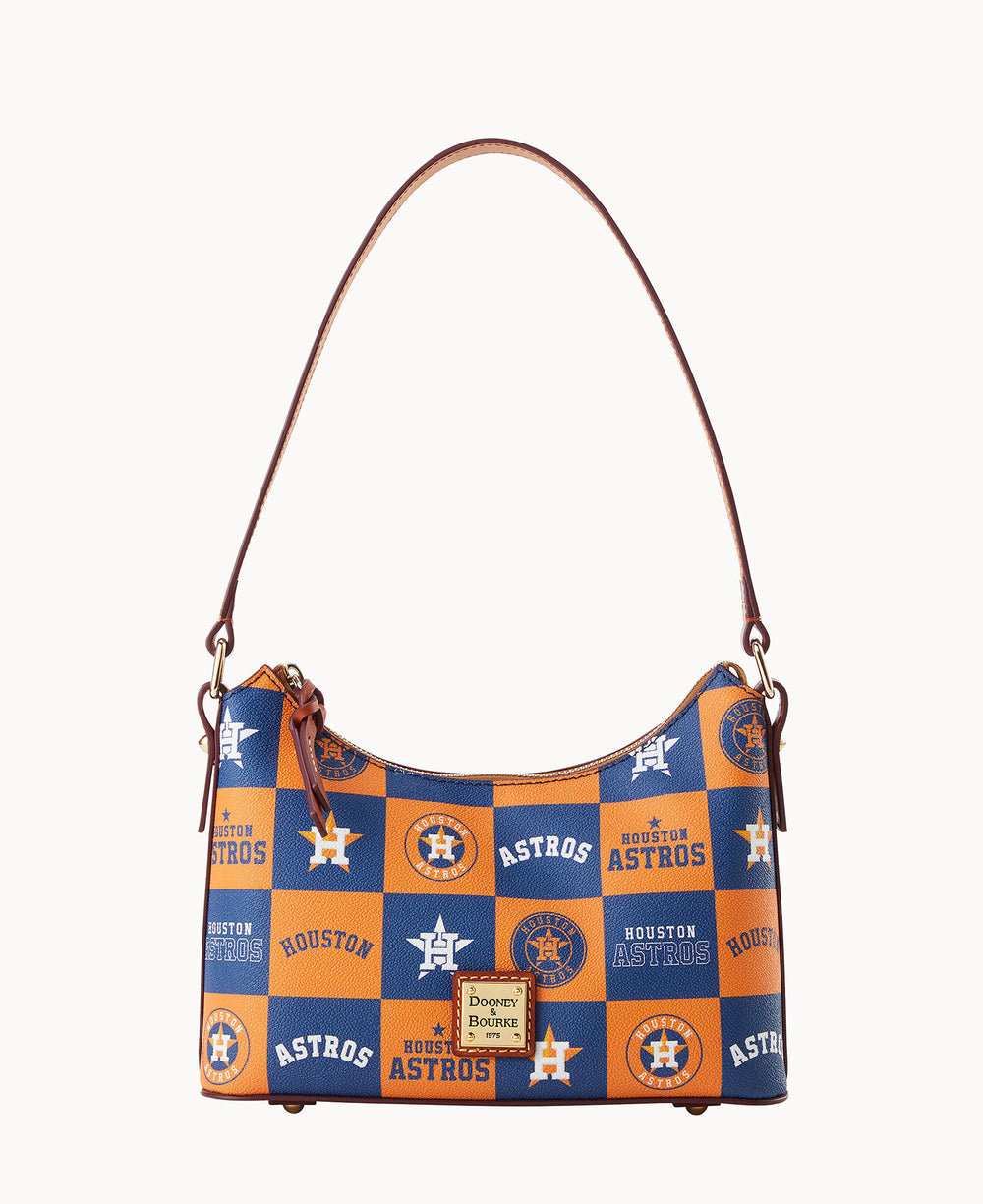 A blue and orange shoulder bag with brown strap, featuring a repeating Houston Astros logo and text pattern. The bag has a gold Dooney & Bourke logo plate on the front.