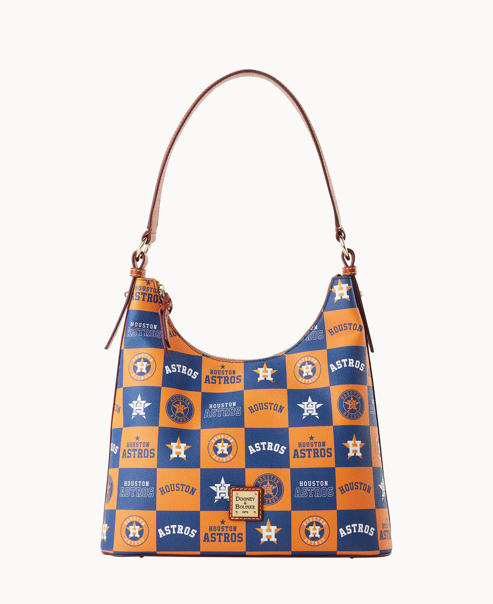 A handbag with a brown strap featuring a blue and orange checkered pattern decorated with Houston Astros logos and text.