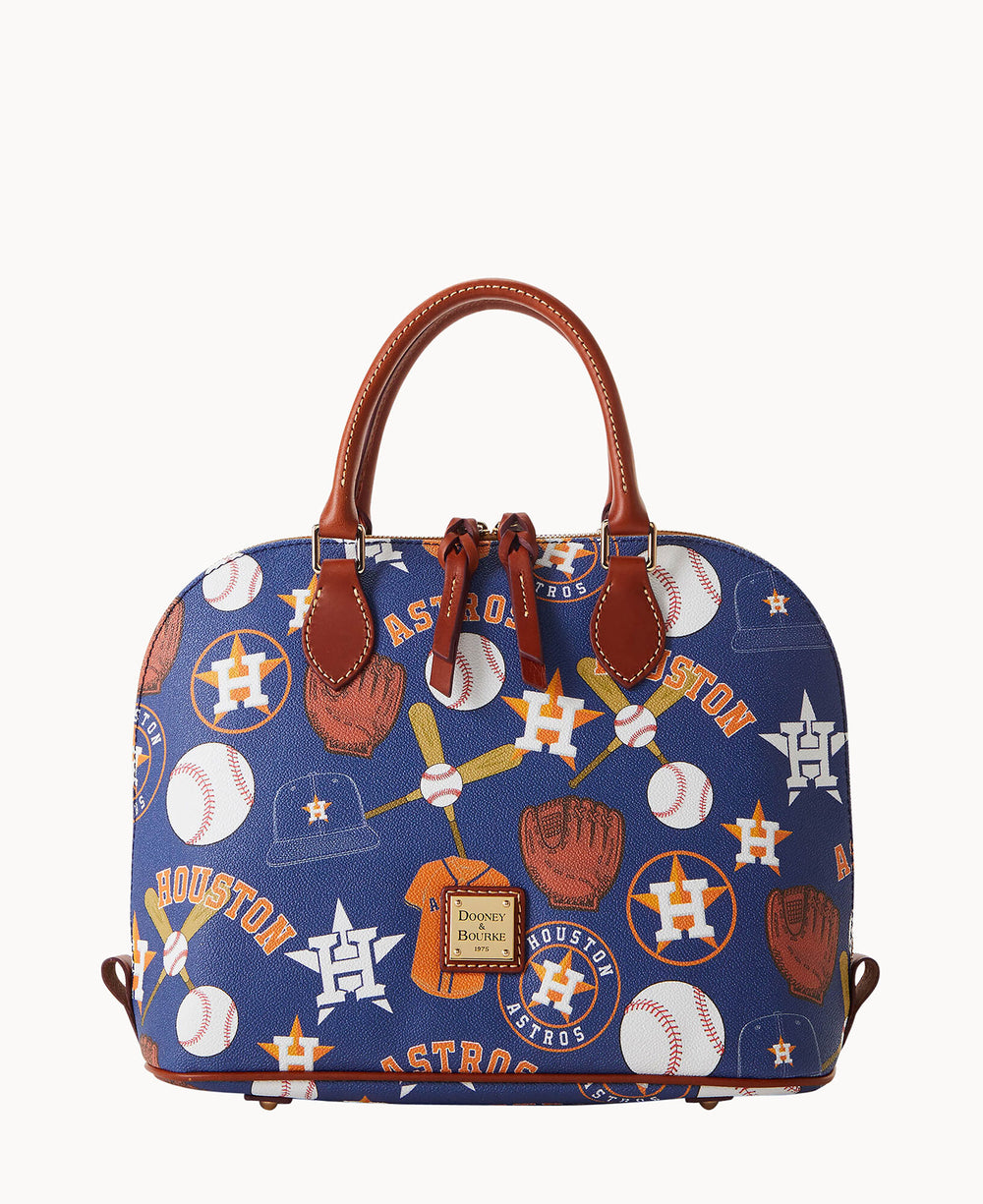 A blue Dooney & Bourke handbag with brown handles, decorated with Houston Astros logos, baseballs, gloves, and â€œHoustonâ€ text in orange and white.
