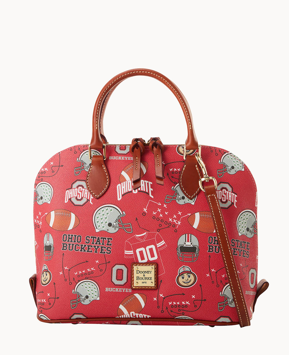 A red Dooney & Bourke handbag featuring Ohio State Buckeyes themed graphics, including helmets, footballs, the Ohio State logo, and Brutus Buckeye mascot, with brown leather handles and trim.