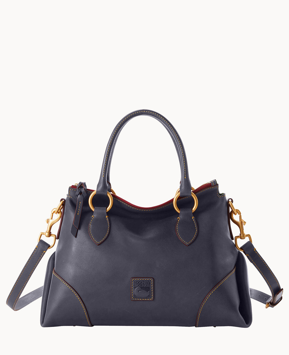 A navy blue leather satchel handbag with gold hardware, double handles, a detachable shoulder strap, and contrast stitching, displayed against a plain white background.