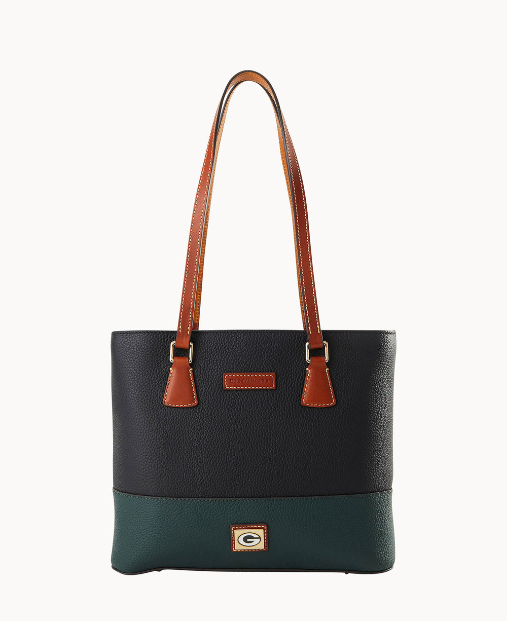 A stylish tote bag with brown handles, a dark navy upper section, a dark green lower section, gold hardware, and a small G logo emblem on the front.