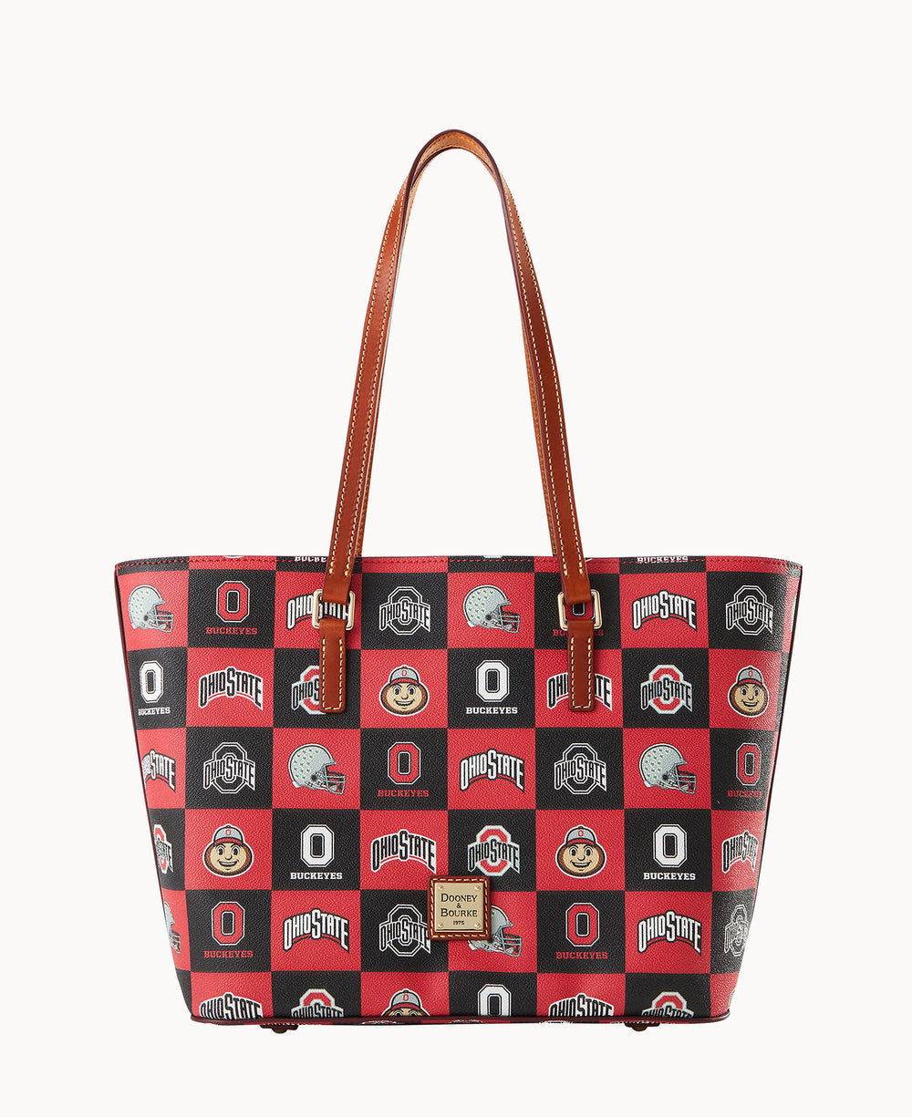 A large tote bag with brown handles, featuring a red, black, and gray checkered pattern with multiple Ohio State University logos, including the block â€œOâ€, Brutus Buckeye mascot, and â€œOhio Stateâ€ text.