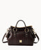 A dark brown leather handbag with gold hardware, double handles, a detachable shoulder strap, tassel accents, and a front logo plate, set against a white background.