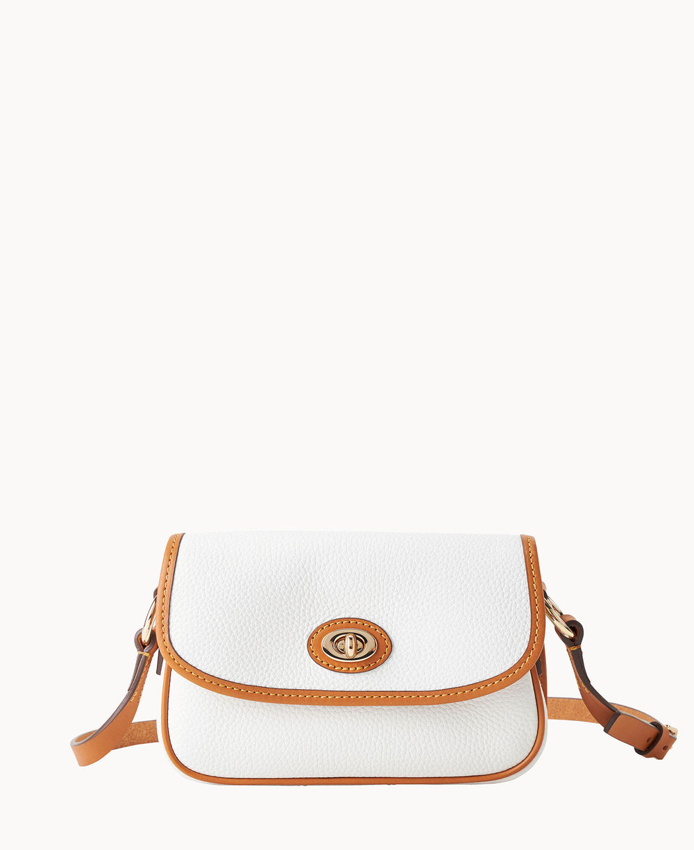 A small white leather crossbody bag with light brown trim, featuring a flap closure with a gold turn-lock clasp and an adjustable strap.