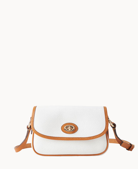 A small white leather crossbody bag with light brown trim, featuring a flap closure with a gold turn-lock clasp and an adjustable strap.