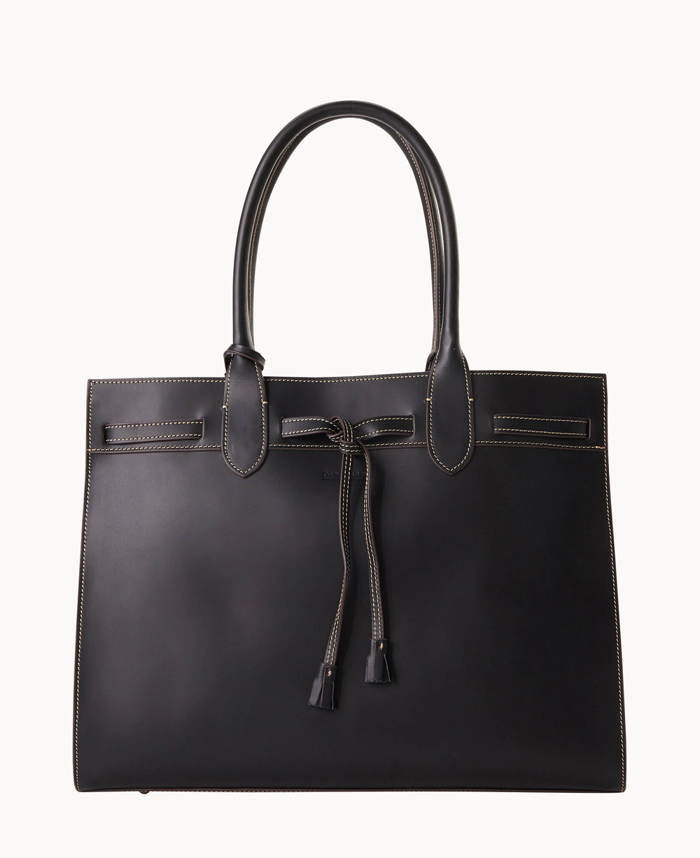 A large black leather tote bag with two handles, contrast stitching, and a decorative leather tie at the front. The bag has a structured rectangular shape and a minimalist design.