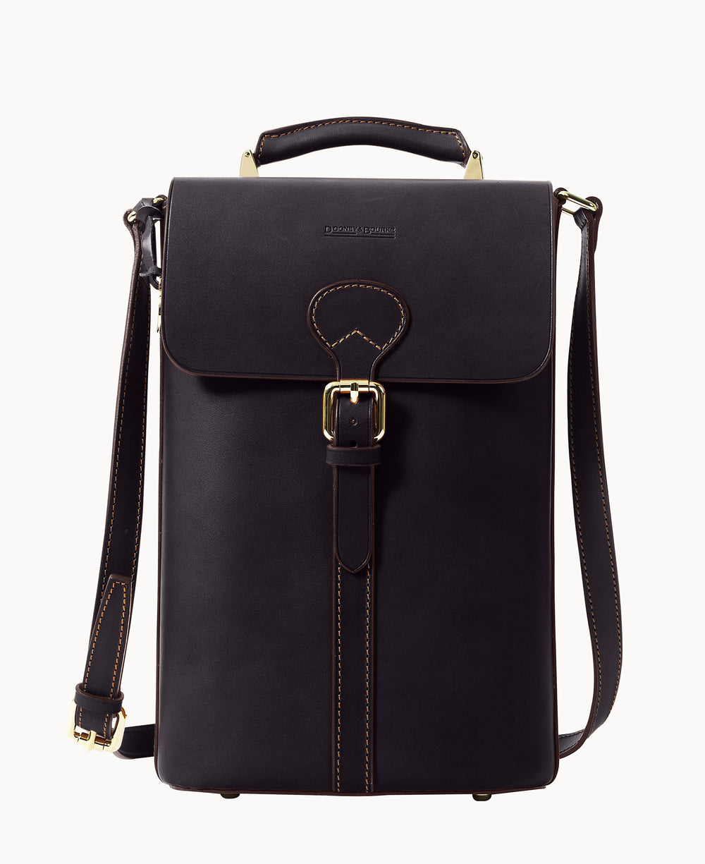 A black leather messenger bag with a front flap, gold buckle closure, and adjustable shoulder strap. The bag features visible stitching and a minimalist, structured design.