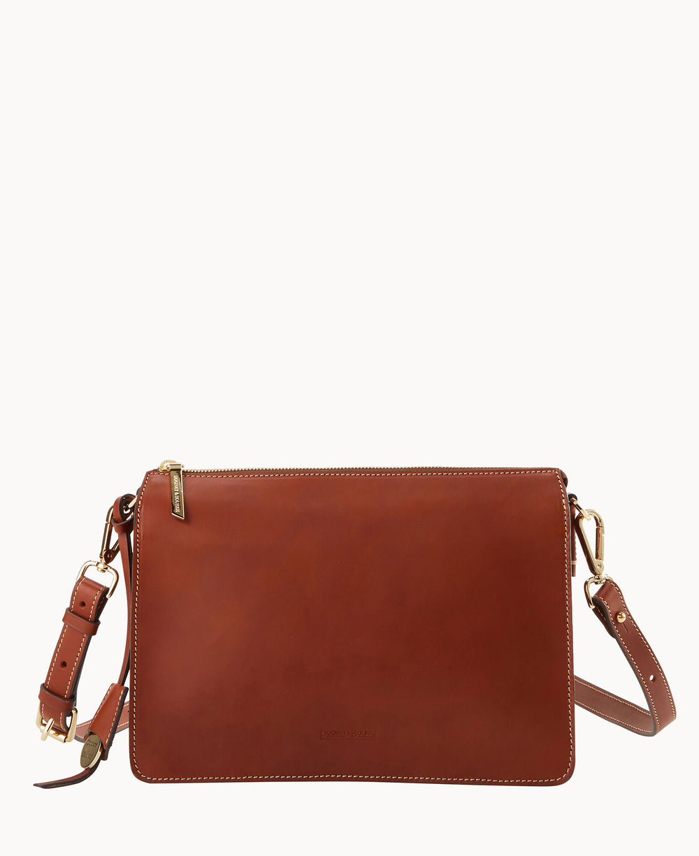 A brown leather crossbody bag with gold hardware, an adjustable strap, and visible stitching along the edges, displayed against a plain white background.