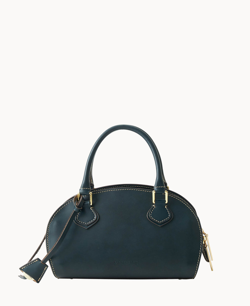 A dark green leather handbag with gold hardware, double handles, visible white stitching, and a zip closure. A matching leather tag hangs from one handle. The bag is set against a plain white background.