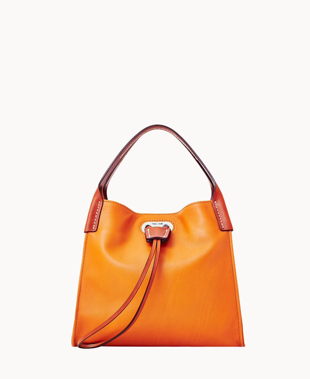 An orange leather handbag with brown handles and a decorative buckle on the front, displayed against a plain white background.